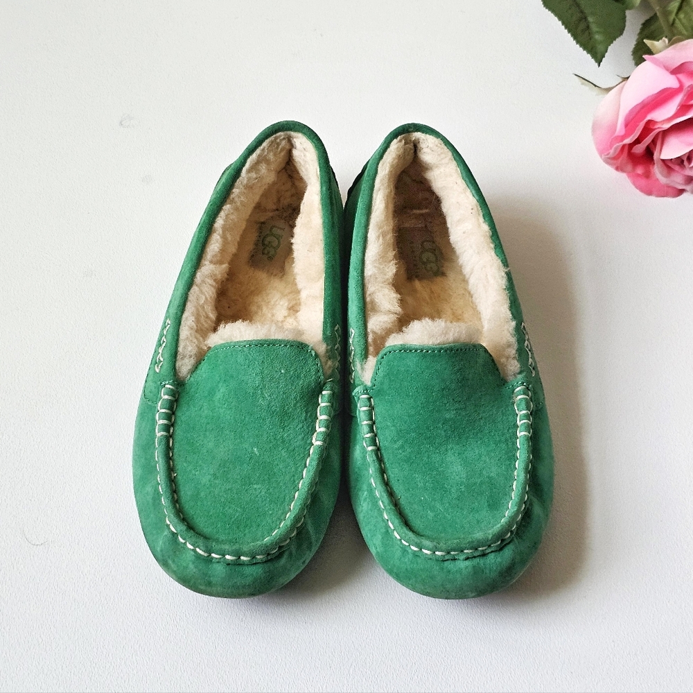 🌿 UGG Australia Y2K Teal Green Suede Shearling Moccasins Cottagecore Slip On, 7